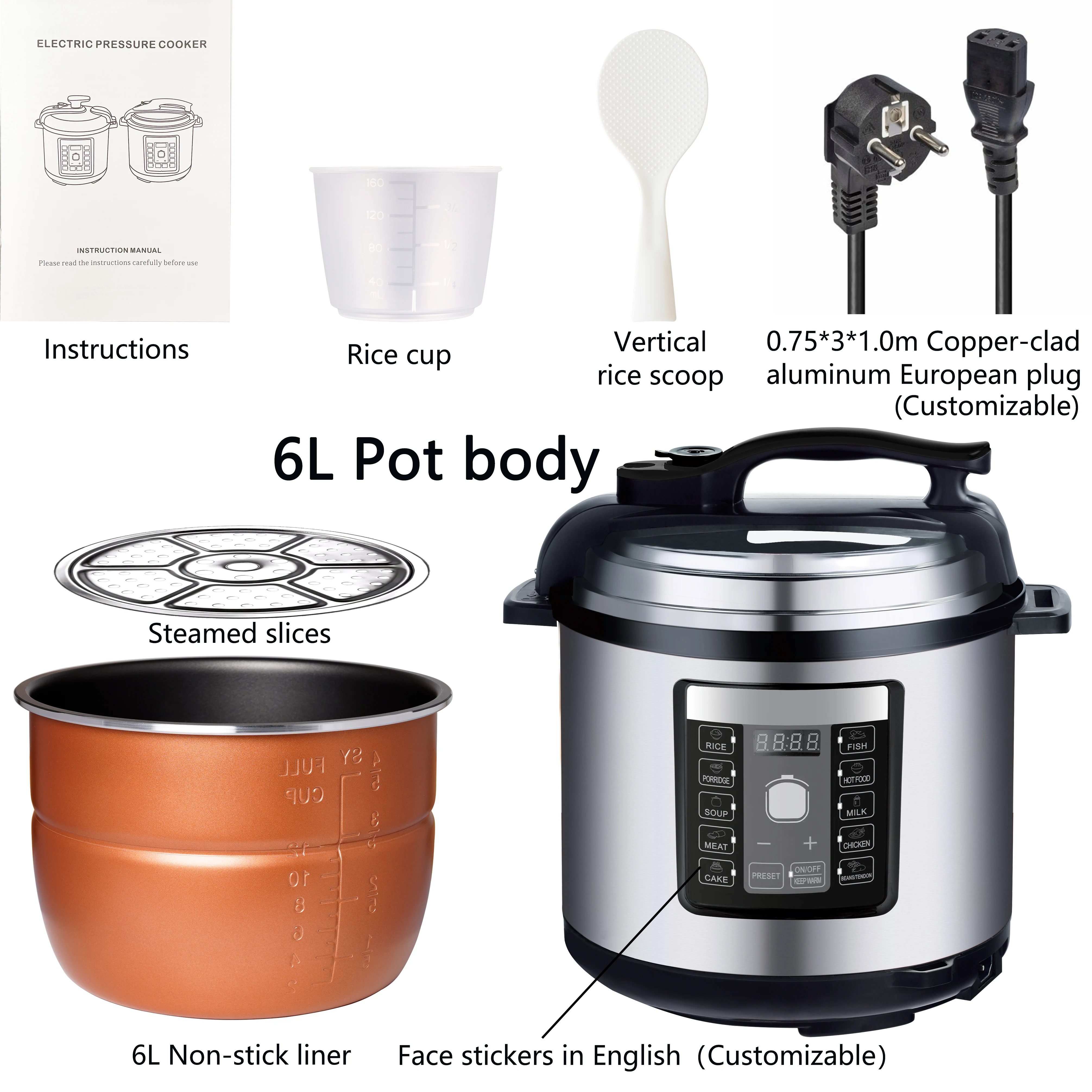 Home appliances electric pressure cooker 6l digital visual timer stainless steel rice pressure cooker non-stick pan 1000W 220V~