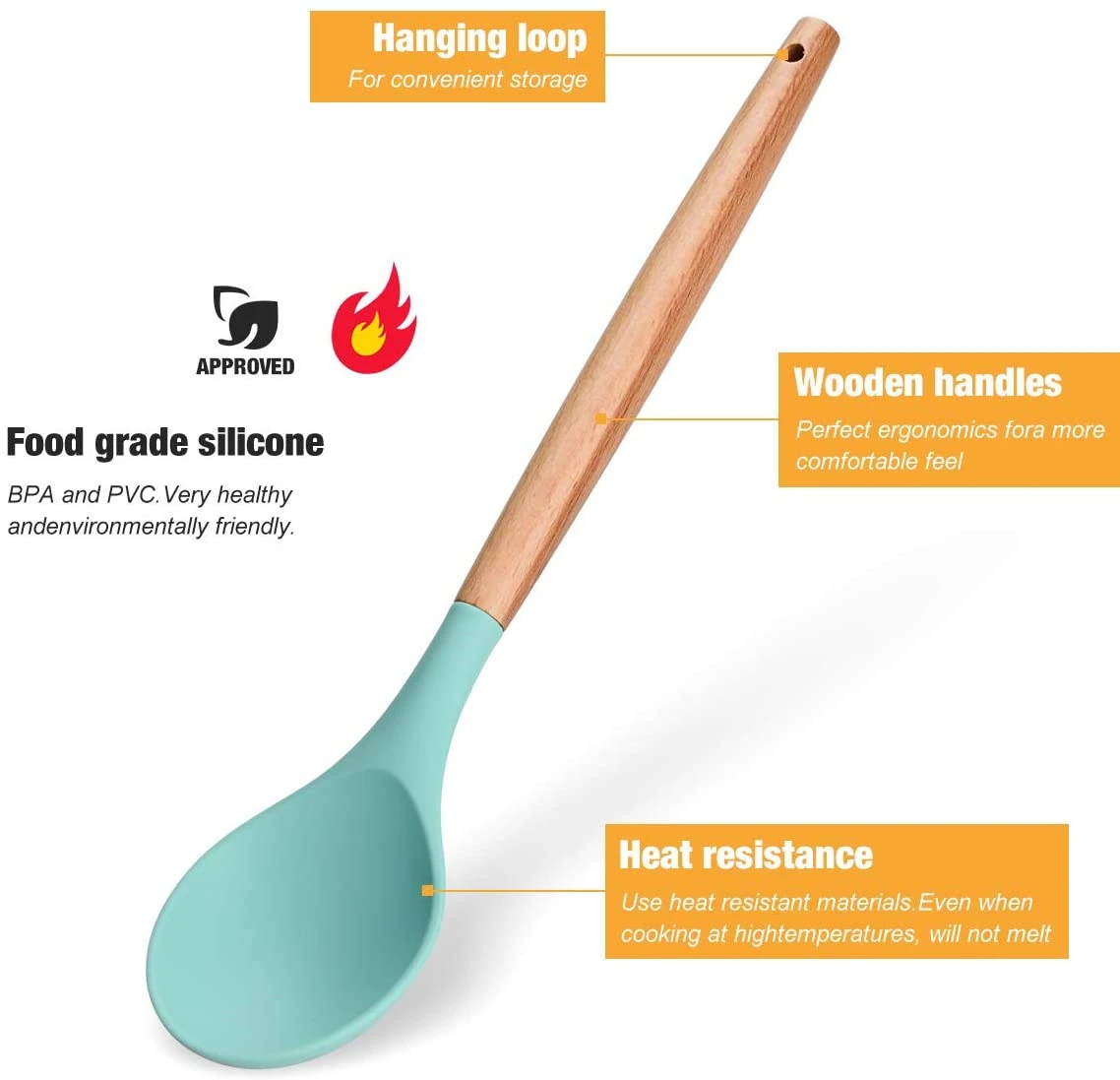Amazon Hot Custom Logo Kitchenware Durable Wooden Handle 12 Inch Green Color Silicone Kitchen Utensil