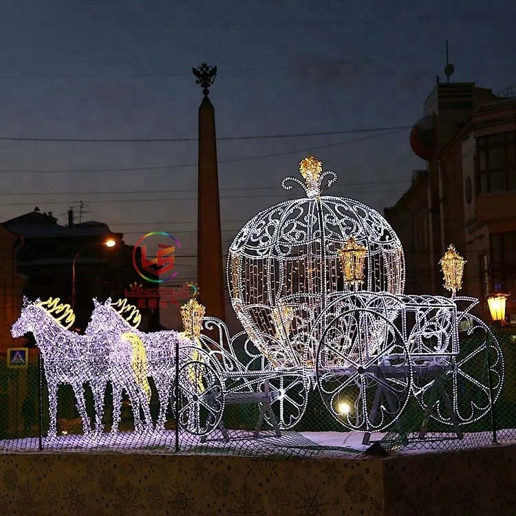 Personalized Outdoor Lighting Acrylic 3D LED Sculpture Horse Carriage with Sleigh Life Size Cinderella Wedding Horse Carriage