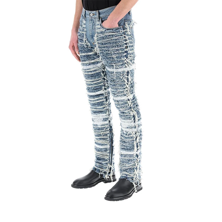customized High quality  slim leg jeans stack jeans distressed Streetwear Patchwork Denim Pants Wash Ripped Men Denim Vintage
