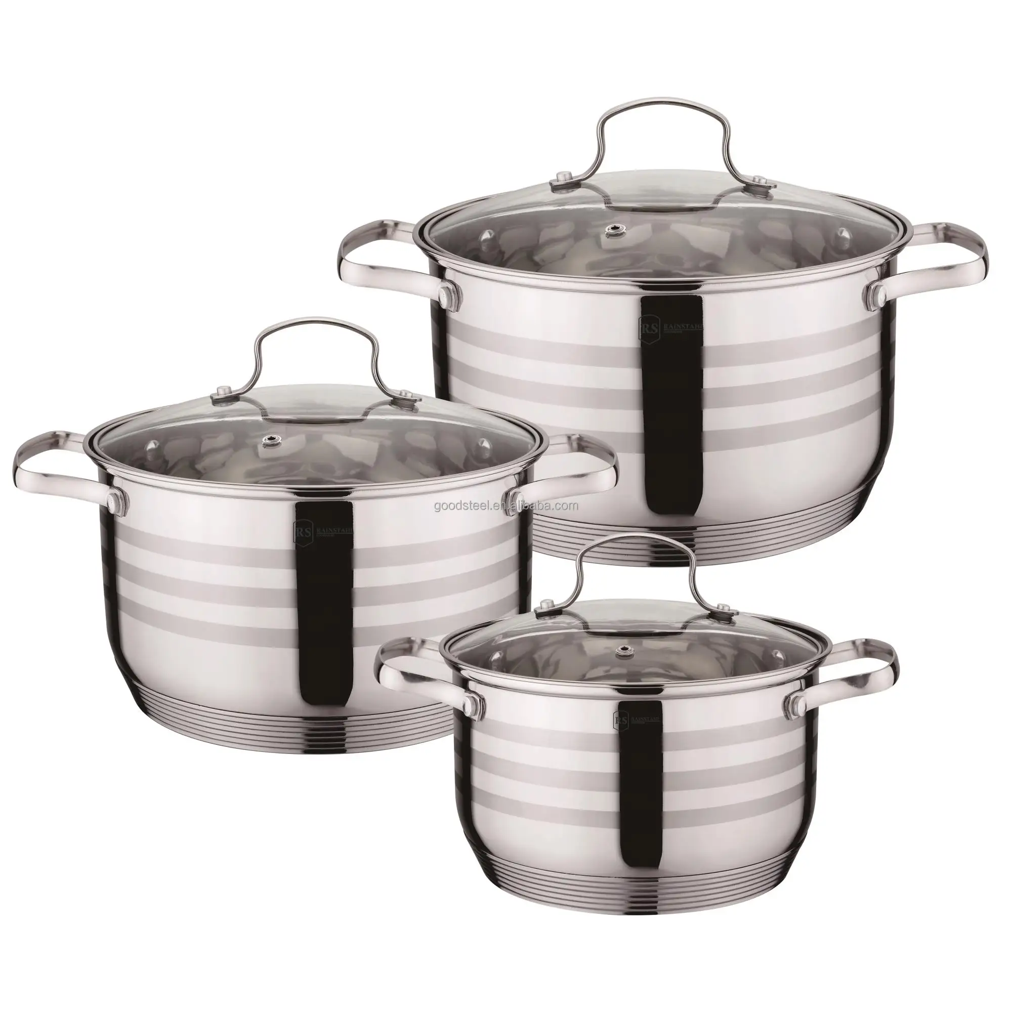 Russia 6pcs Cookware Set 16 18 20cm Stainless Steel Pot with 7 steps induction bottom Eco-Friendly Polished Outer Coating