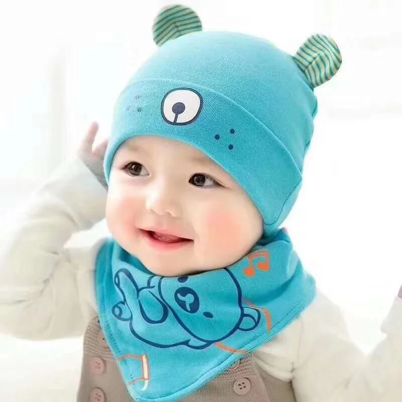 Wholesale 100% Cotton Winter Cute Baby Cap And Bib Set Infant Baby Hat