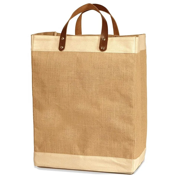 customized eco reusable large Water Resistant Inner Lining thick Grocery jute shopping burlap tote bag with leather strap handle