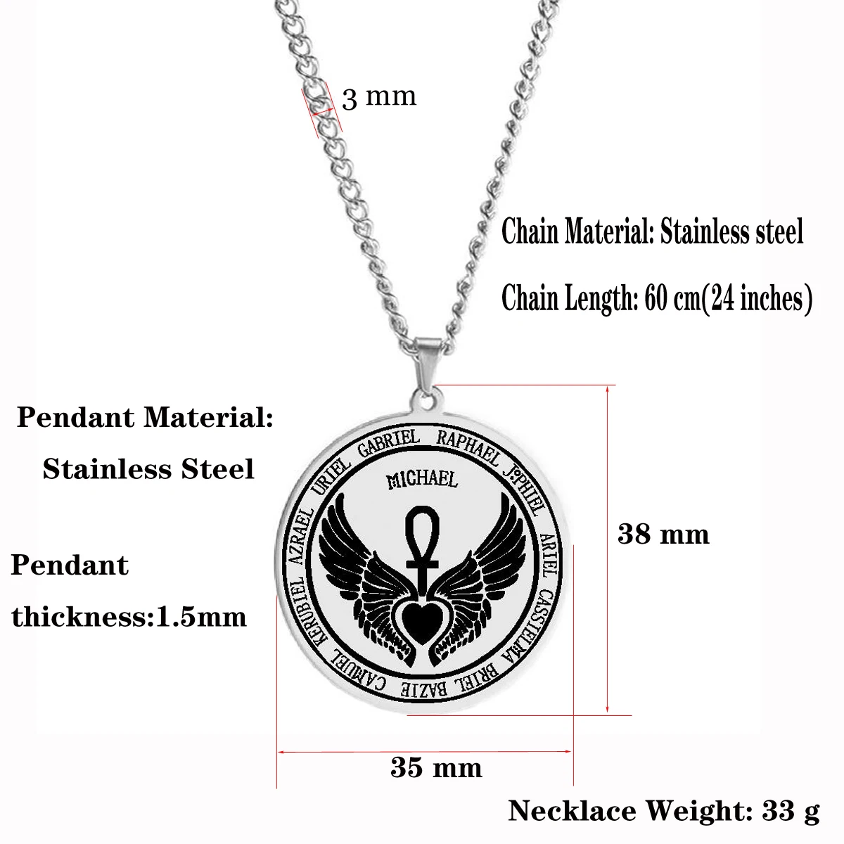 Feast Archangels 12 Guardian Angels Medallion Wings Heart Ankh Life Power Magic Amulet Jewelry Stainless Steel Pendant Necklace