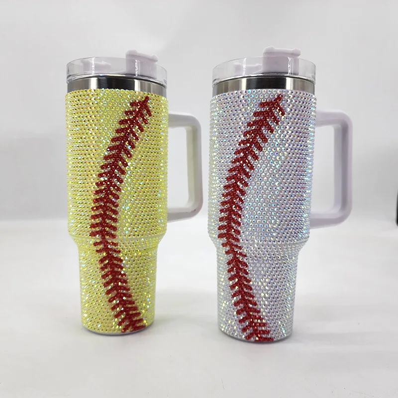 Cheap Price Softball Sport Bling Crystal Pattern Travel Tumbler Mugs 40oz baseball Rhinestone Tumblers with Handle Straw