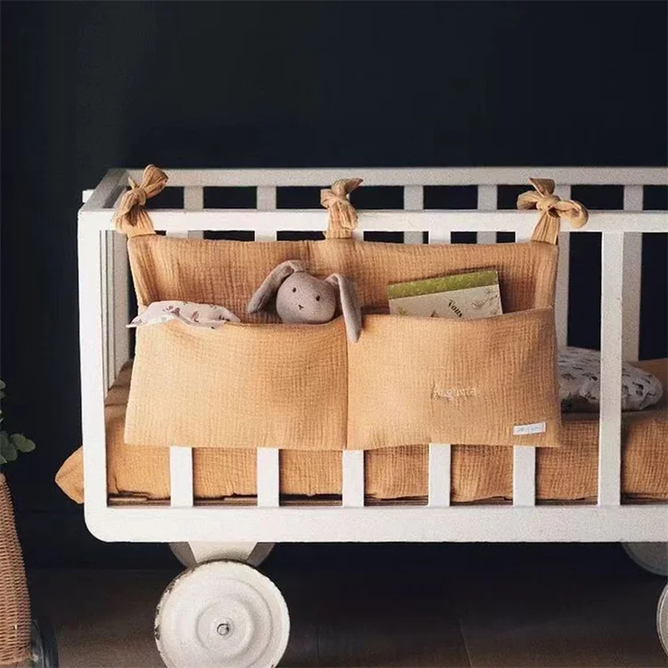 Toddler newborn cotton muslin Baby Bed Organizer Crib Two Pockets Hanging Storage Bag for Infant Diaper Teether Toys