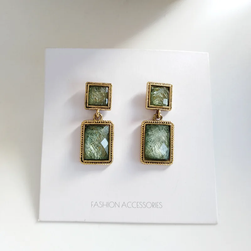 Hot Sale 2021 Trendy Retro Bling Geometric Square Bling Crystal Resin Stud Earrings Green Stone Ear Clips for Women and Girls