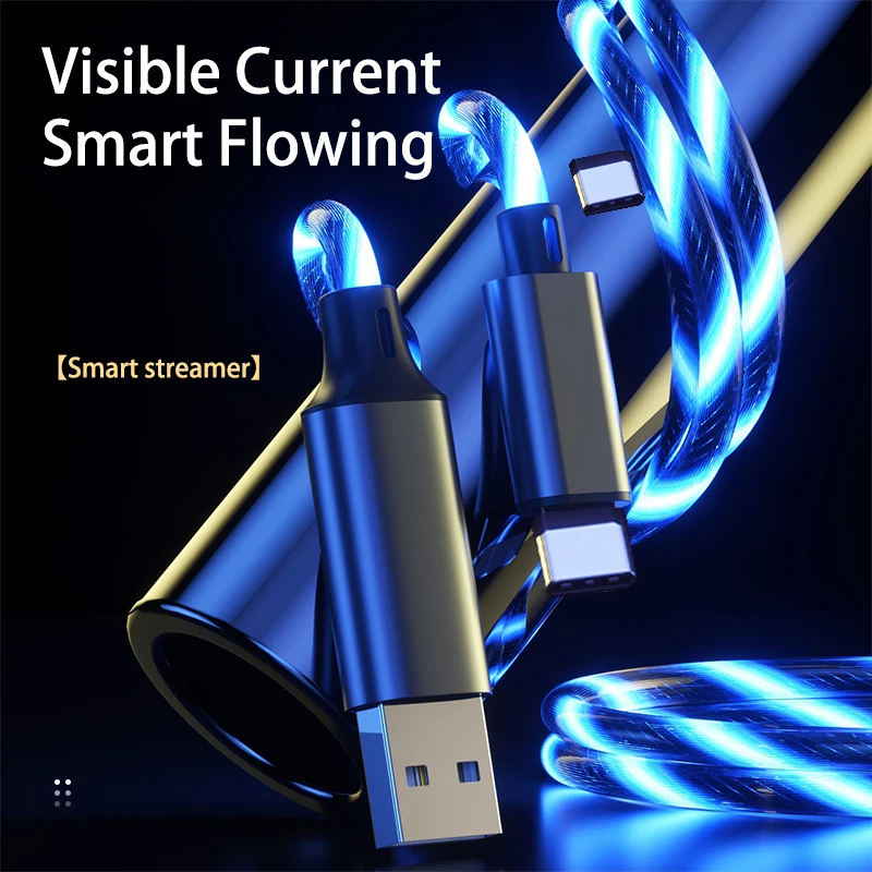 LC3C OEM 5A USB To USB-C LED Flowing Light Fast Charge Data Cable Regular Mobile Phone Accessories 3FT Tipo C Charging Cables