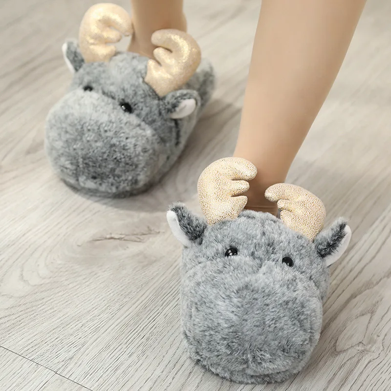 softy warm cute Indoor Moose Slippers Plush Animal Slippers for Woman indoor warm shoes