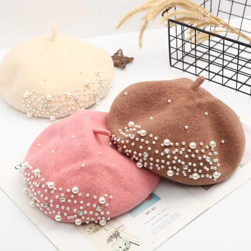 OEM 100% Wool Beret Hat for Women Custom Embroidery Small Fragrant Pearl French Beret Winter Warm Knitted Pattern