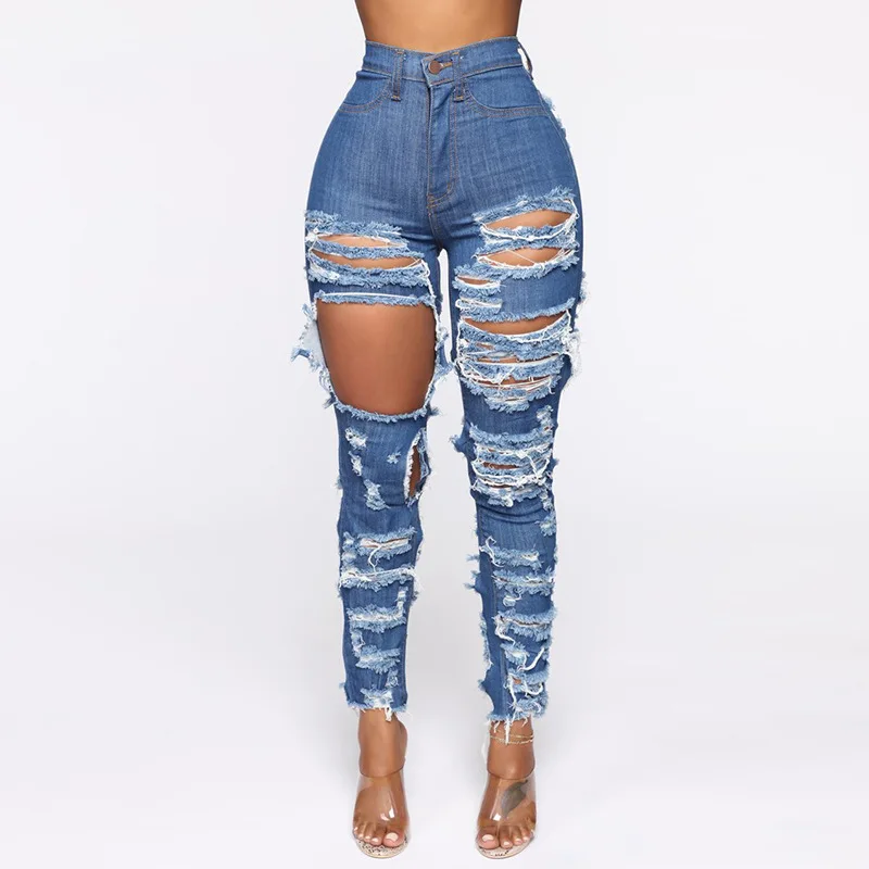 Popular Style Distressed Stretch Denim High Waist Jeans Ripped Plus Size Denim  Pants For Women