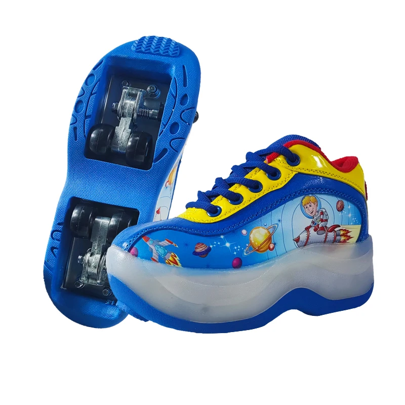 Kids Boys Girls Buy Light Up Hidden 4 Wheel Retractable Kick Roller Skate Sneakers Shoes