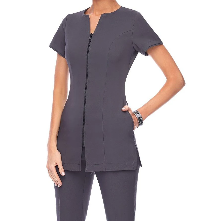 Customized Salon workwear zipper tunic spa uniform scrubs uniforms sets fashionable zip scrub