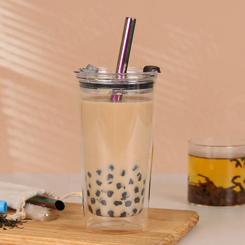 Reusable Borosilicate  Double Wall Glass Boba Tumbler Bubble Mug with Wide Mouth Lid and Straw Glass tea tumbler boba travel mug