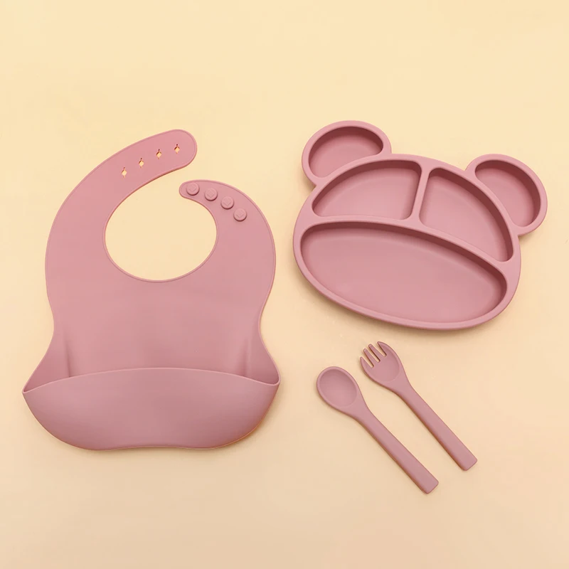 animal silicone baby feeding set bear divided suction plate and spoon gift set baby weaning feeding baby silicone set feeding