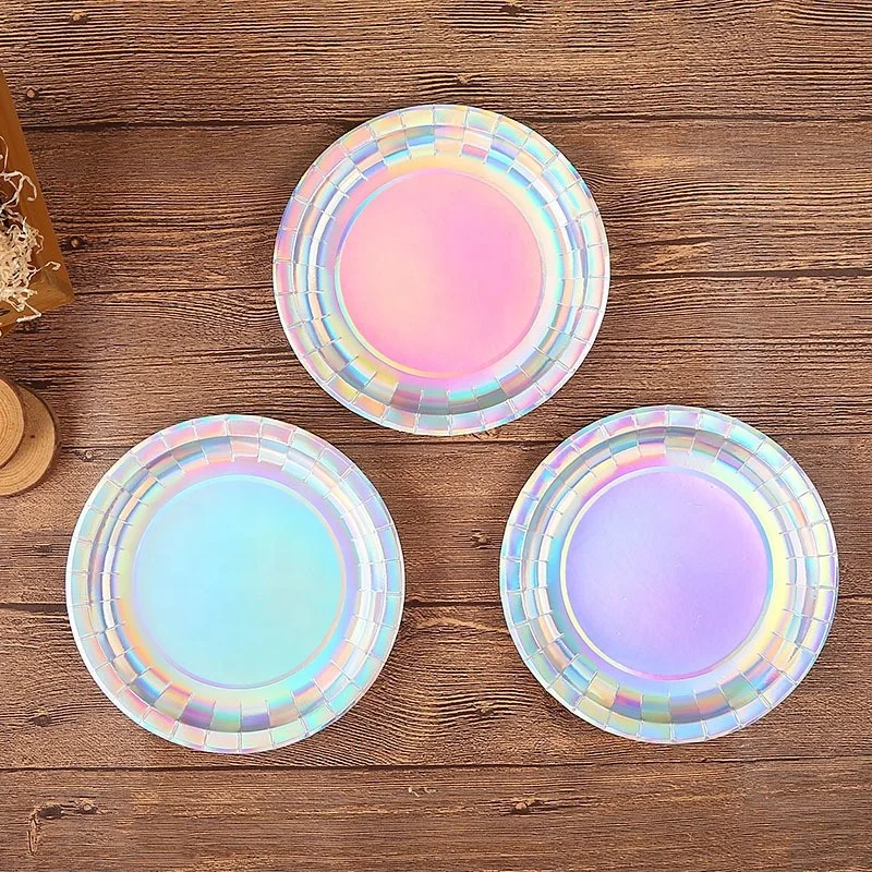 Heading card packed Heart shaped iridescent foil paper plates for girls party wedding party