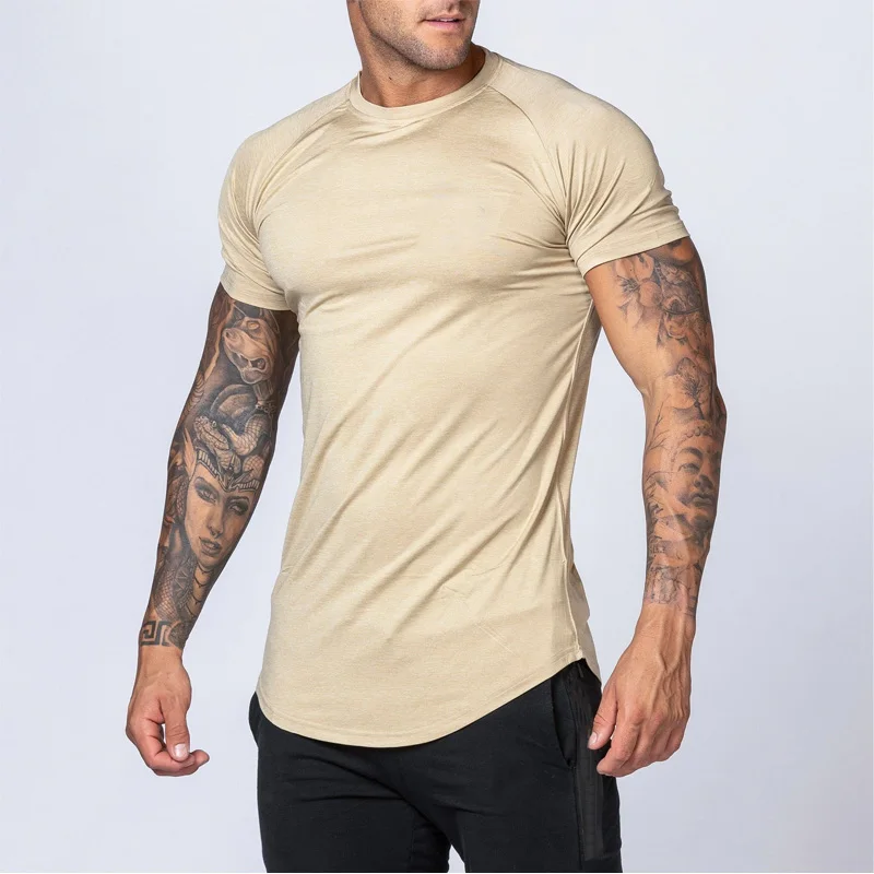 Wholesale Comfortable Light Weight Muscle Fit Sport Wear Gym T Shirt Beige Round Neck Curved Hem Raglan Tees