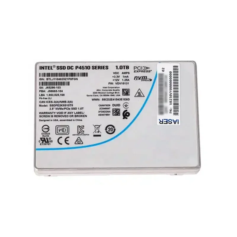 Hot Original Internal Server SSD DC P4510 Series 1.0TB  2.5in PCIe 3.1 x4  3D TLC 1T 2.5 Inch Solid State Drive For Server