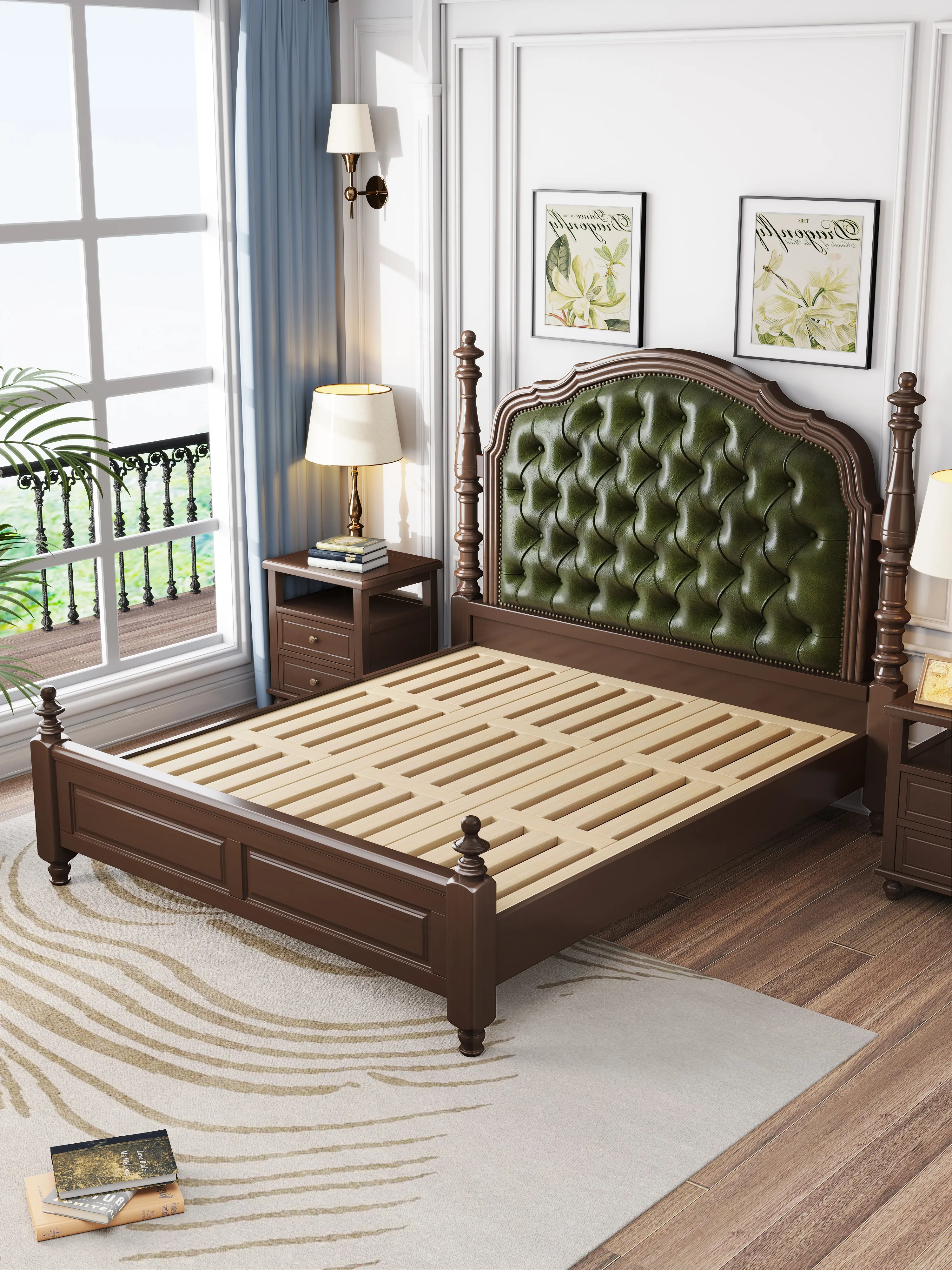 Bedroom American Countryside Solid Wood Bed Storage Leather Upholstered Beds Retro Style Double Bed with Nighstand