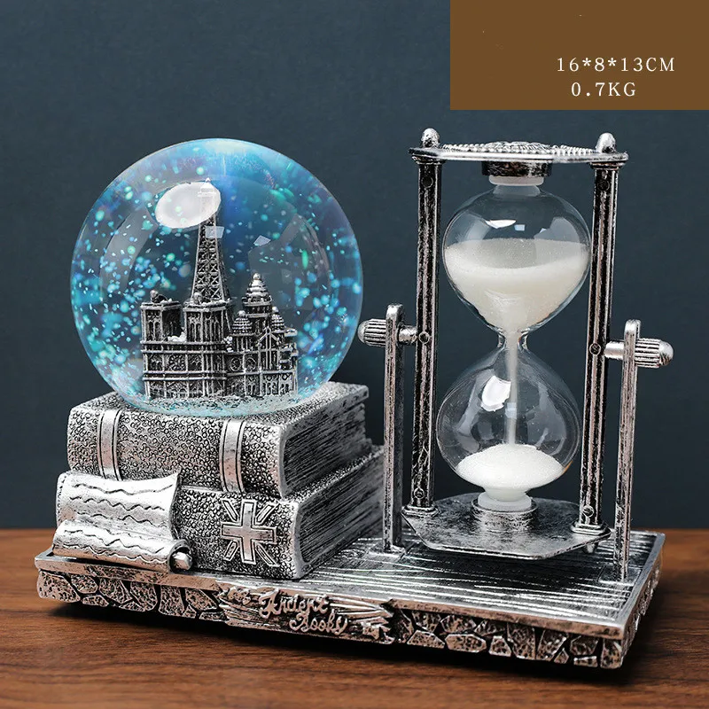 Retro Tower Hourglass Sand Timer Fantasy Crystal Ball Glowing Music Box Home Decoration Craft Student Gift