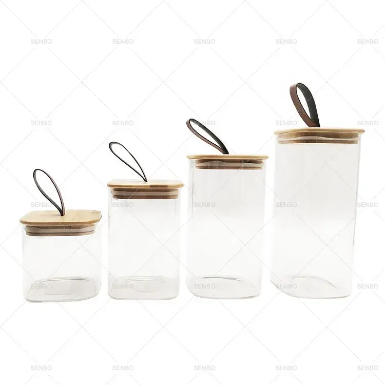 Square Transparent Airtight Borosilicate Glass Food Storage Jar with Acacia Wood Hand Lid for Candy Tea Coffee Bean