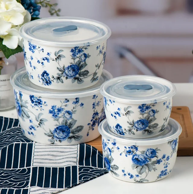 hot sale plastic Blue roses ceramic new bone china good leakproofness fresh bowl microwave oven bowl 4pcs preservation bowl set