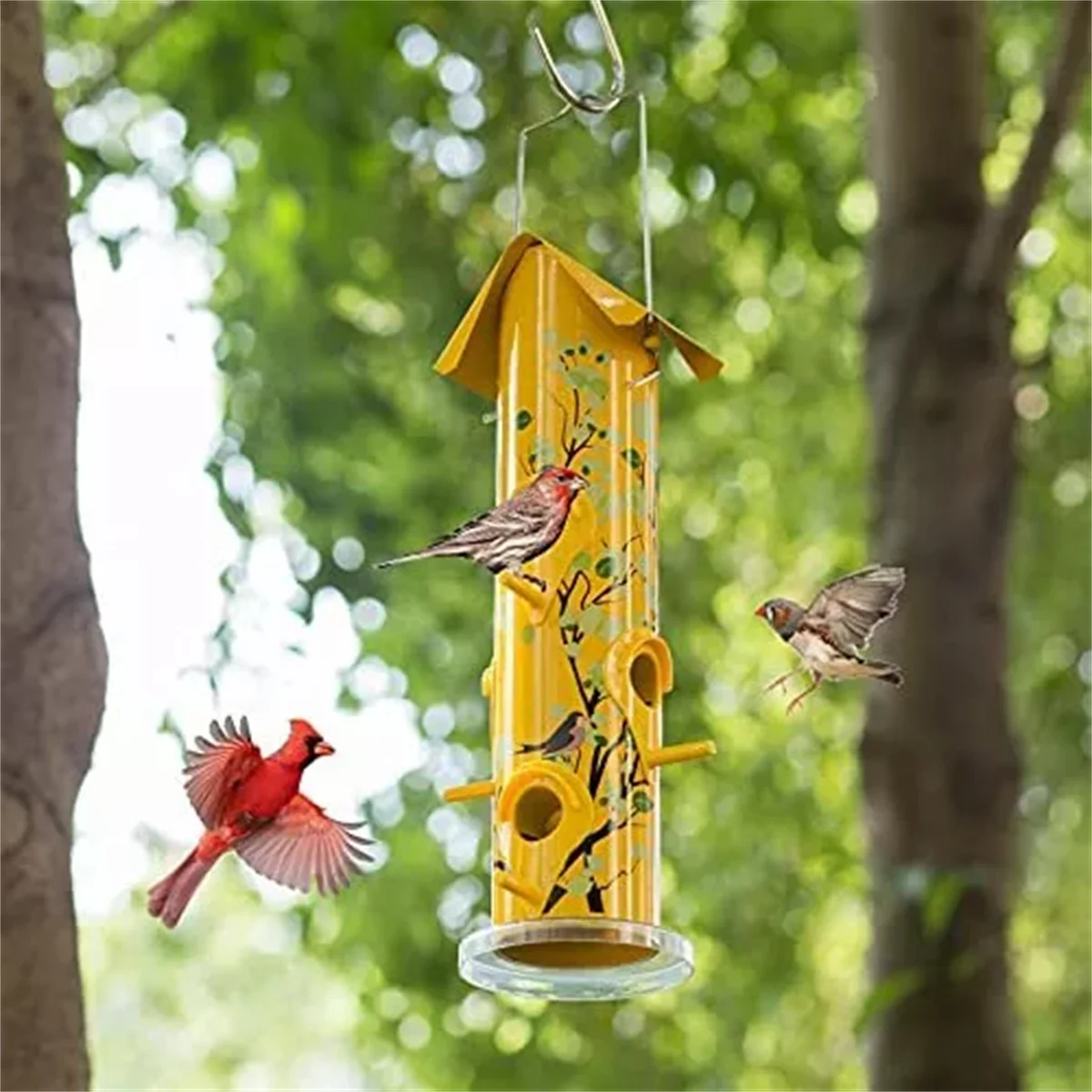 WILDMX Exterior Metal Bird Feeder, Hanging Tube Bird Feeder with 6 Feeders Yellow Fresh Decorative Garden Attract Bird to Feed