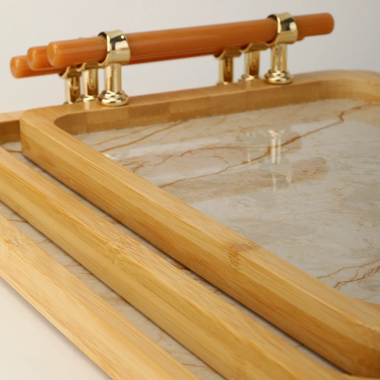 Retro Rectangular Art Figured Textured Sheet Patterned Plastic bottom Fruit Tray Tea Cup Tray bamboo Serving Snack Tray Set