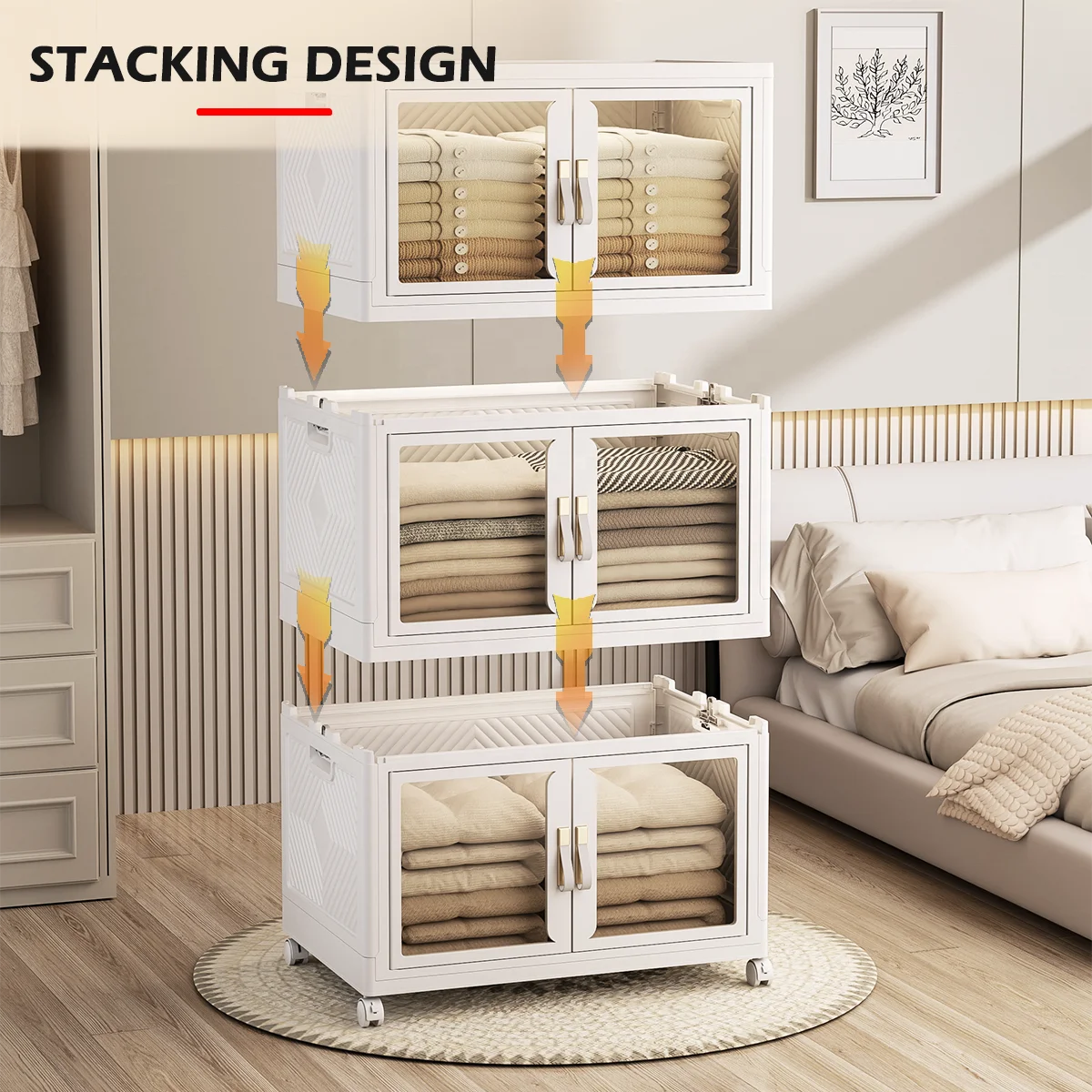 Collapsible Storage Bins with Doors Plastic Foldable Box with Wheel Storage Bins with Lids 4Pack