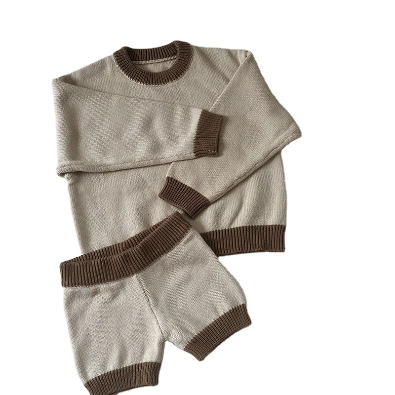 Top sale Cotton children Knitted suit patchwork kid jumper and shorts 2 pieces