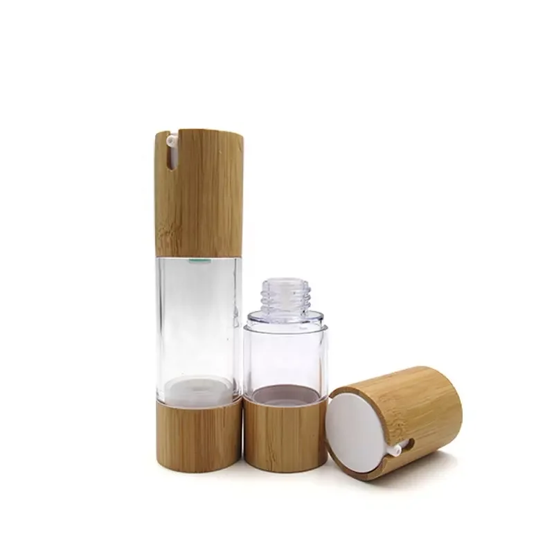 Nature bamboo lids 15ml 30ml 50ml 100ml Hot Sale Plastic Dispenser Lotion Pump Airless Bottle with Bamboo Pump