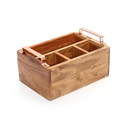 Customized Logo Acacia Wooden Compartment Wine Bottle Holder with Metal Handle