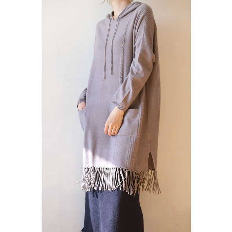Women Casual Boho Sweater Long Sleeve Hooded Cashmere Merino Wool Dress Women With Tassels and Pockets