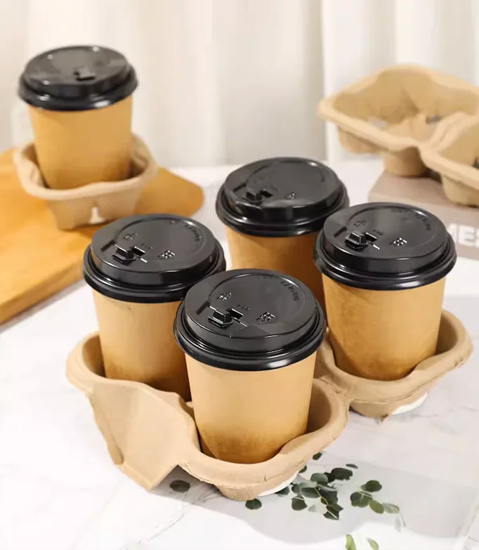 Disposable Customized Kraft Take Away Drink Eco Paper Coffee Cardboard Cup Holder Carrier Packing 2 Caves