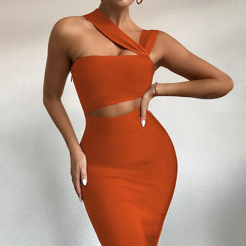 wholesale 2021 Mini Bodycon Summer Dress Women Club Hollow Out Ruched Backless Orange Black Party Bandage Women Sexy Dresses