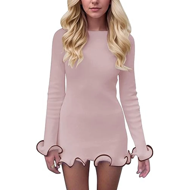 Channel Fall 2024 Boat Neck Long Sleeve Frill Tirm Mini Dress For Women Cute Ruffle Hem Bodycon Short Dress