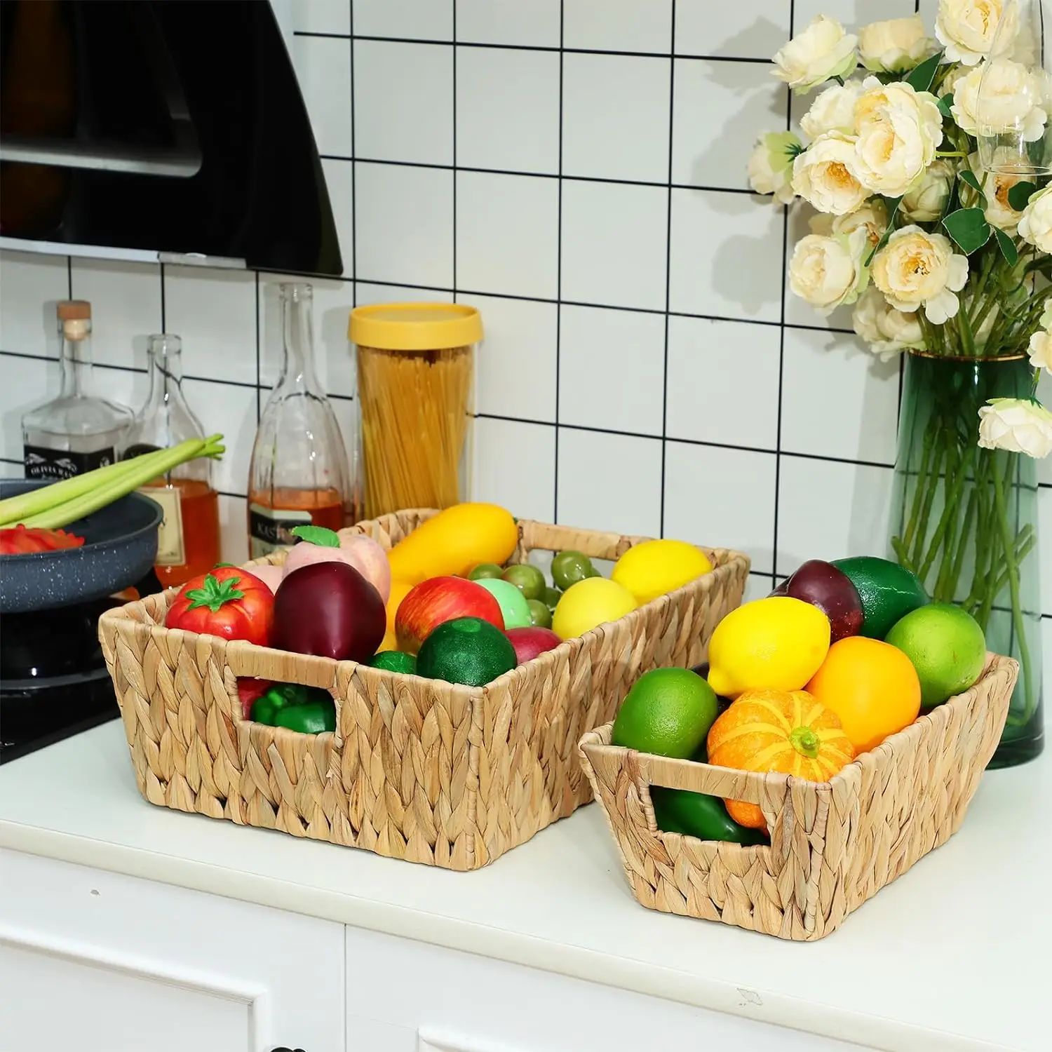 Small Wicker Basket Bulk Woven Water Hyacinth Baskets for Organizing Baskets with Built in Handles for Kitchen Bathroom Shelf