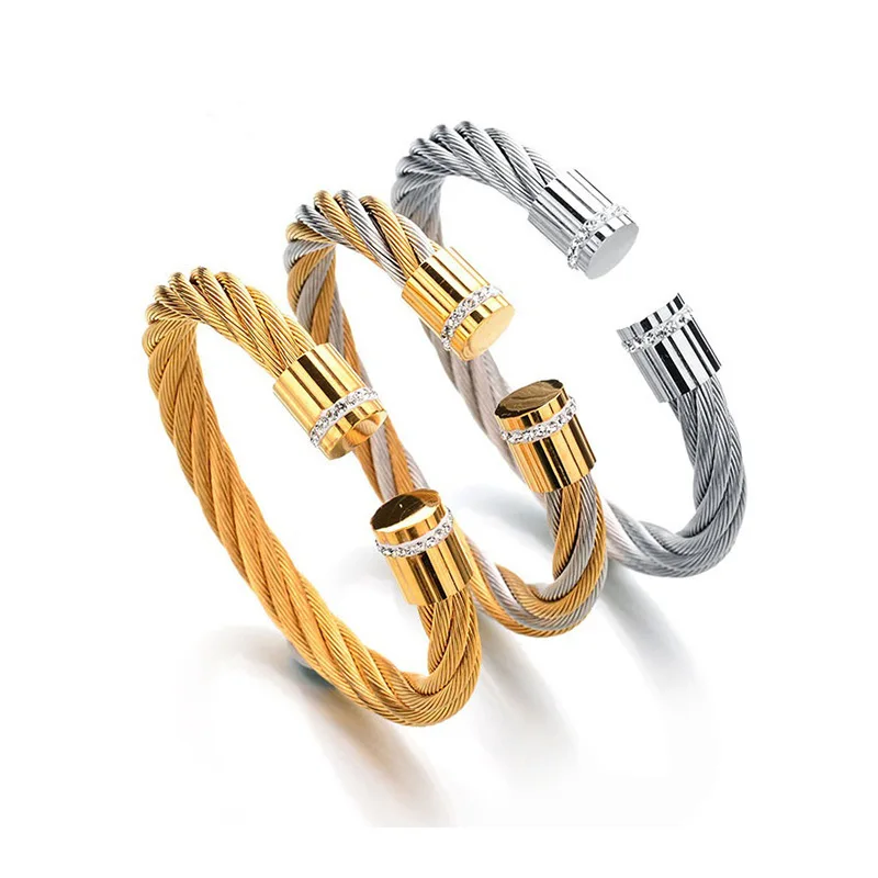 
Fashion Classic Bracelets Jewelry High Quality Stainless Steel Gold Plated Twist Chain Open Bangle Bracelet For Women 