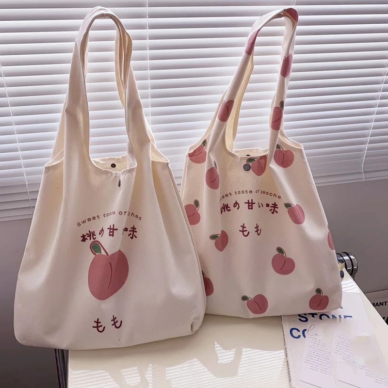 Large Size Fashion Canvas Tote Bag Purses Handbags Women Shopper Cute Designer Shoulder Bag Japanese Style Peach Print Eco Bag