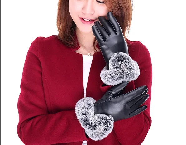 Fashion women warm thick winter gloves leather elegant girls free size with faux rabbit fur female gloves