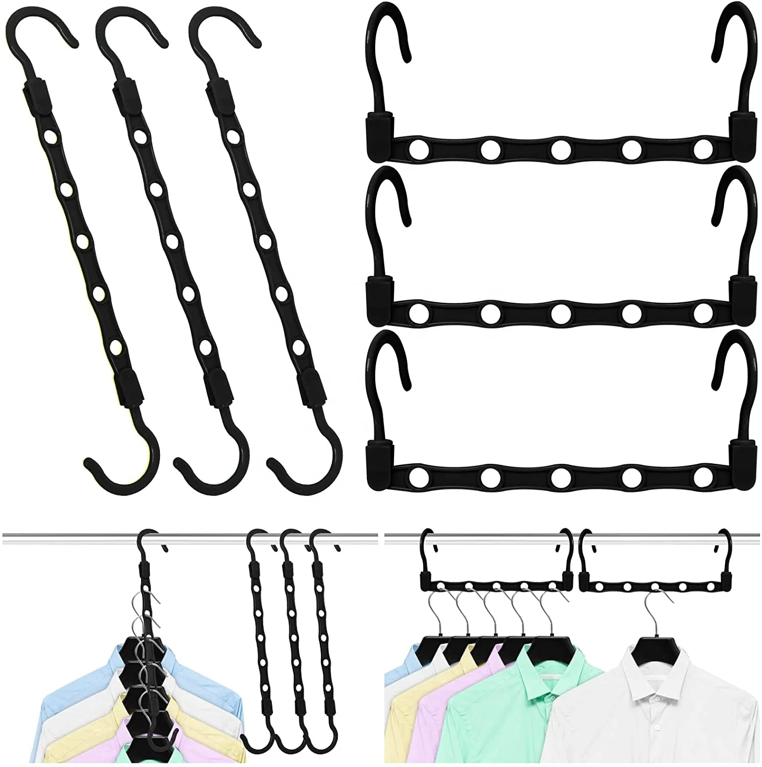 12pcs Black Plastic Magic Hangers Five Holes Closet Organizer Hangers Adjustable Closet Storage Space Closet Organizers