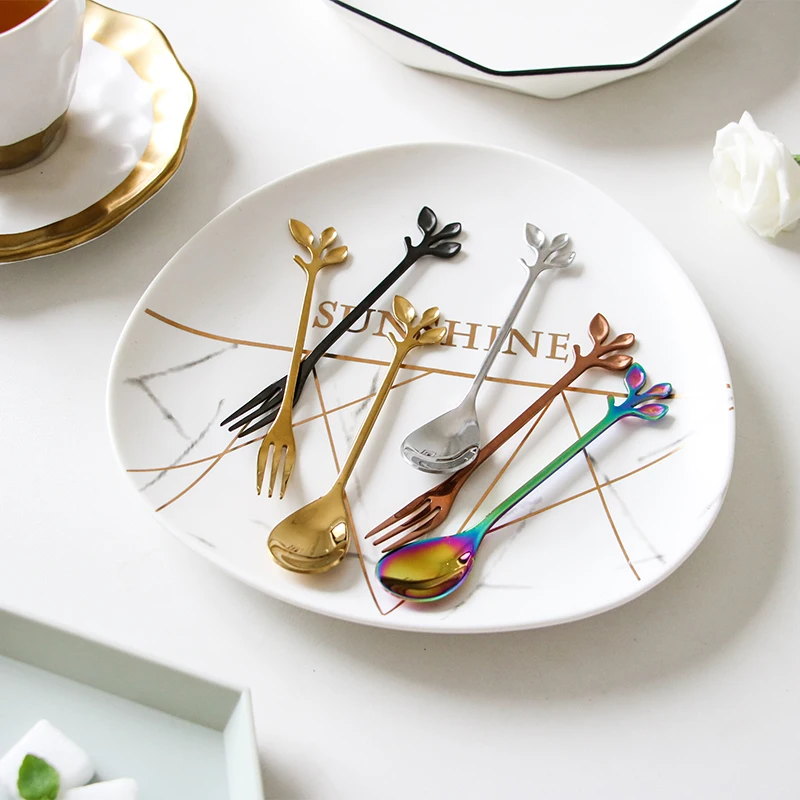 
Wholesale New Creative Leaf shape eco friendly metal gold spoon fork set 