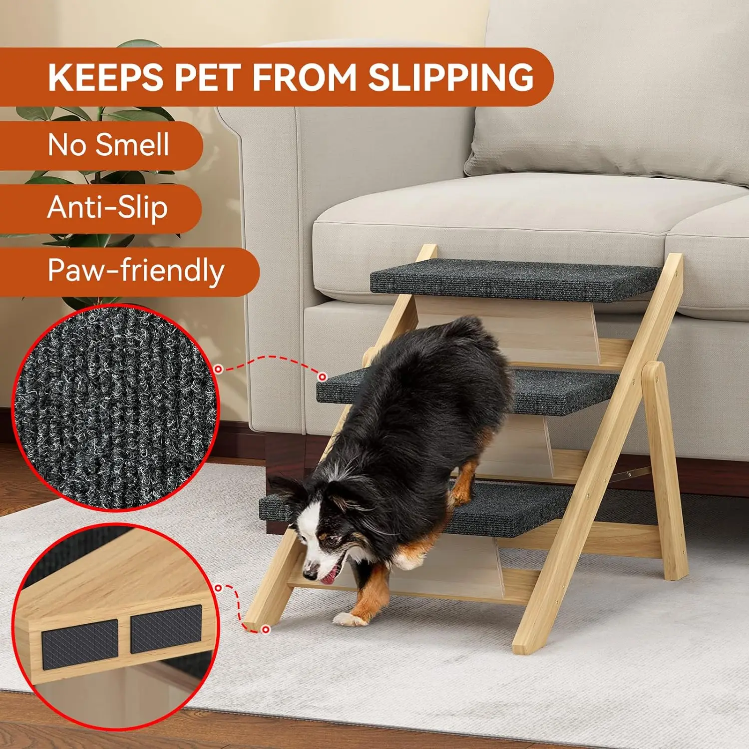 Pet Stairs/Steps Medium Dogs Steps Foldable Wood Dog Ramp with Non-Slip Pads, Safety, Durable Portable Ladder 3 Steps