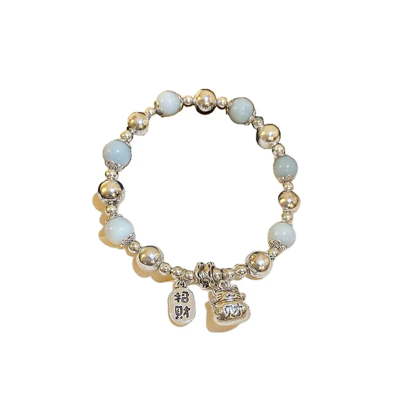 New Chinese Silver White Ceramic Beaded Bracelet China-Chic Fu Zi Zhao Cai Cat Hand String Ancient Style