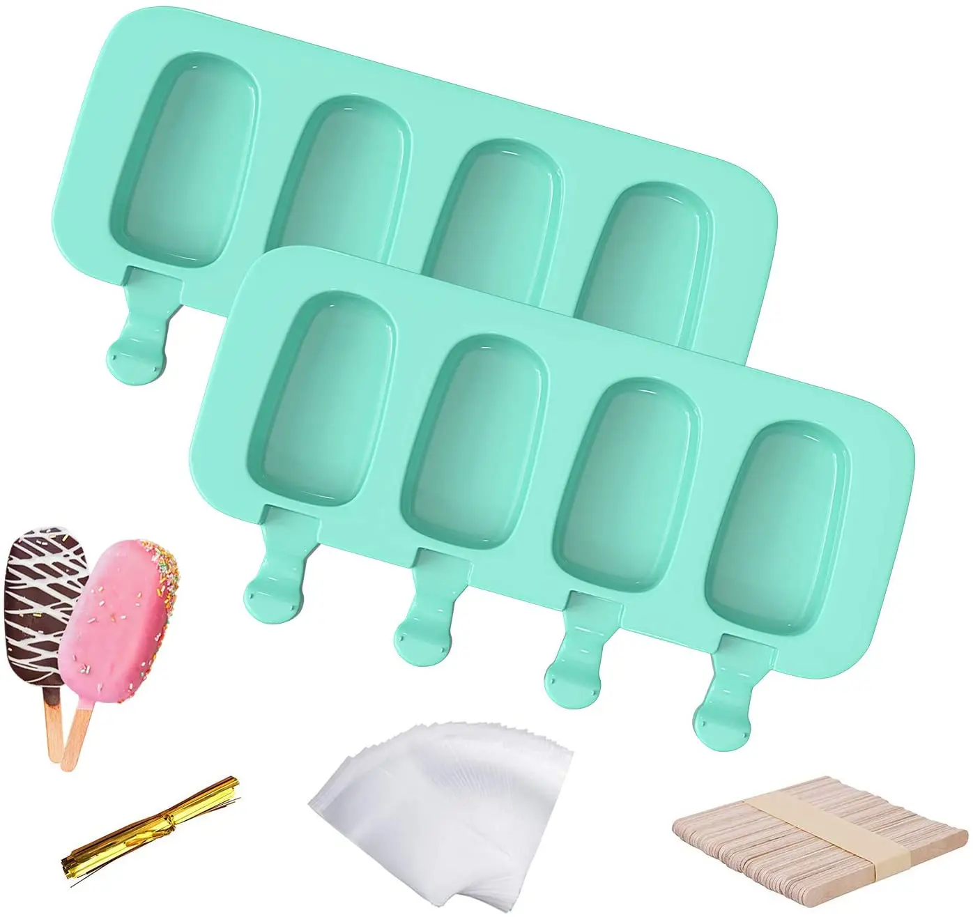 Amazon Hot Sale 4 Cells Silicone Popsicle Ice Cream Mold with Stick