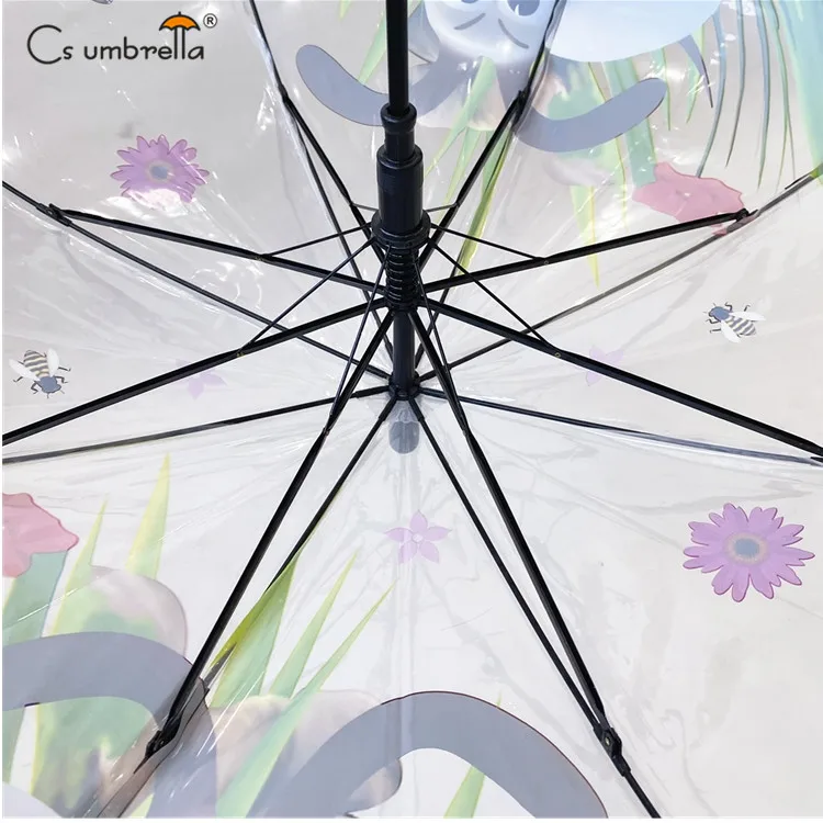 YS-6020 Manufacturer Supply Clear Kids Umbrella Lovely Animal Printing Straight Transparent POE Children Umbrella With Whistle