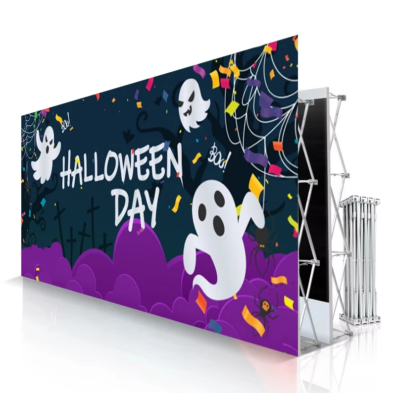 Customized Halloween Festival Exhibition Backdrop Durable Thermal Transfer Printing 260g Tension Fabric Pop Textile Banner