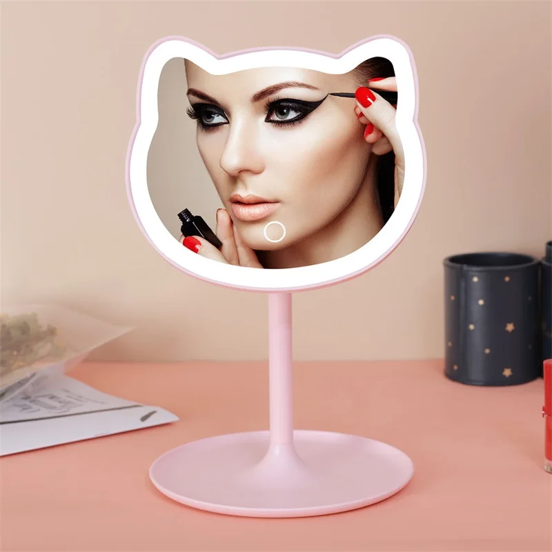 Hot Sale Plastic Portable Mirror Girl Vanity Led Cute Cat Adjustable LED Desktop Screen Touch Round Tray Makeup Mirror with LED