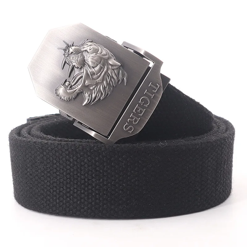 Manufacturers Customized Logo Canvas Fabric Metal Tiger Head Buckle Lengthened Belt Youth Outdoor Trousers Canvas Tactical Belt