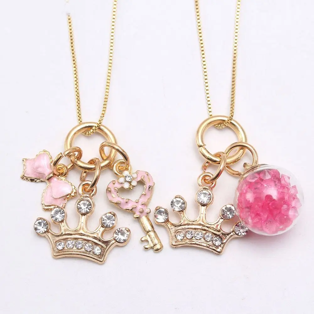 Enamel Box Chain Children Necklace Gold Crown With Rhinestone Pink Key Rosette Bow Pendant Chain Necklace